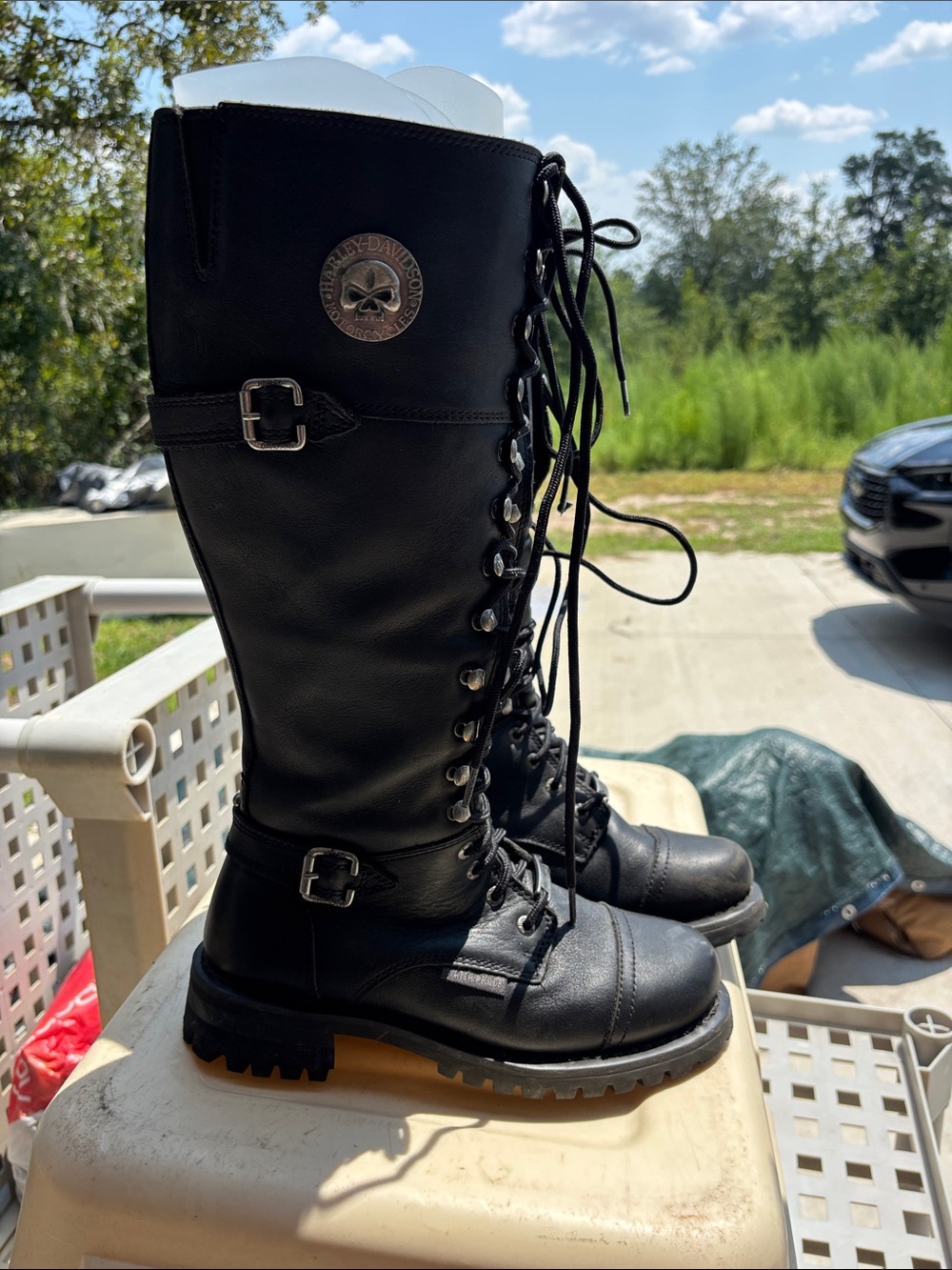 Harley-Davidson Black Lace-Up Knee-High Combat Boots with Buckles